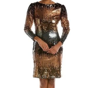 Nanette Lepore Sequined Dress Size 10 Gold Black Silver Long Sleeve
